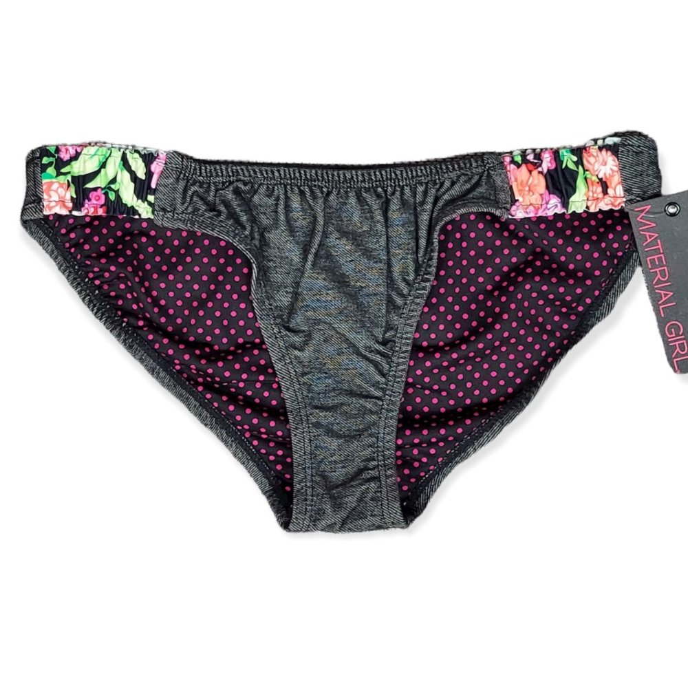 💖💖NWT MATERIAL GIRL "DENIM FEEL" FLORAL ACCENTED BIKINI BOTTOMS (M)